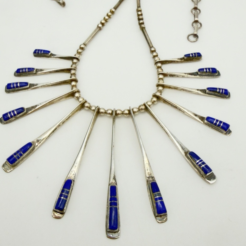 Vtg Southwestern Sterling Silver Lapis Inlay 13 Spike Necklace